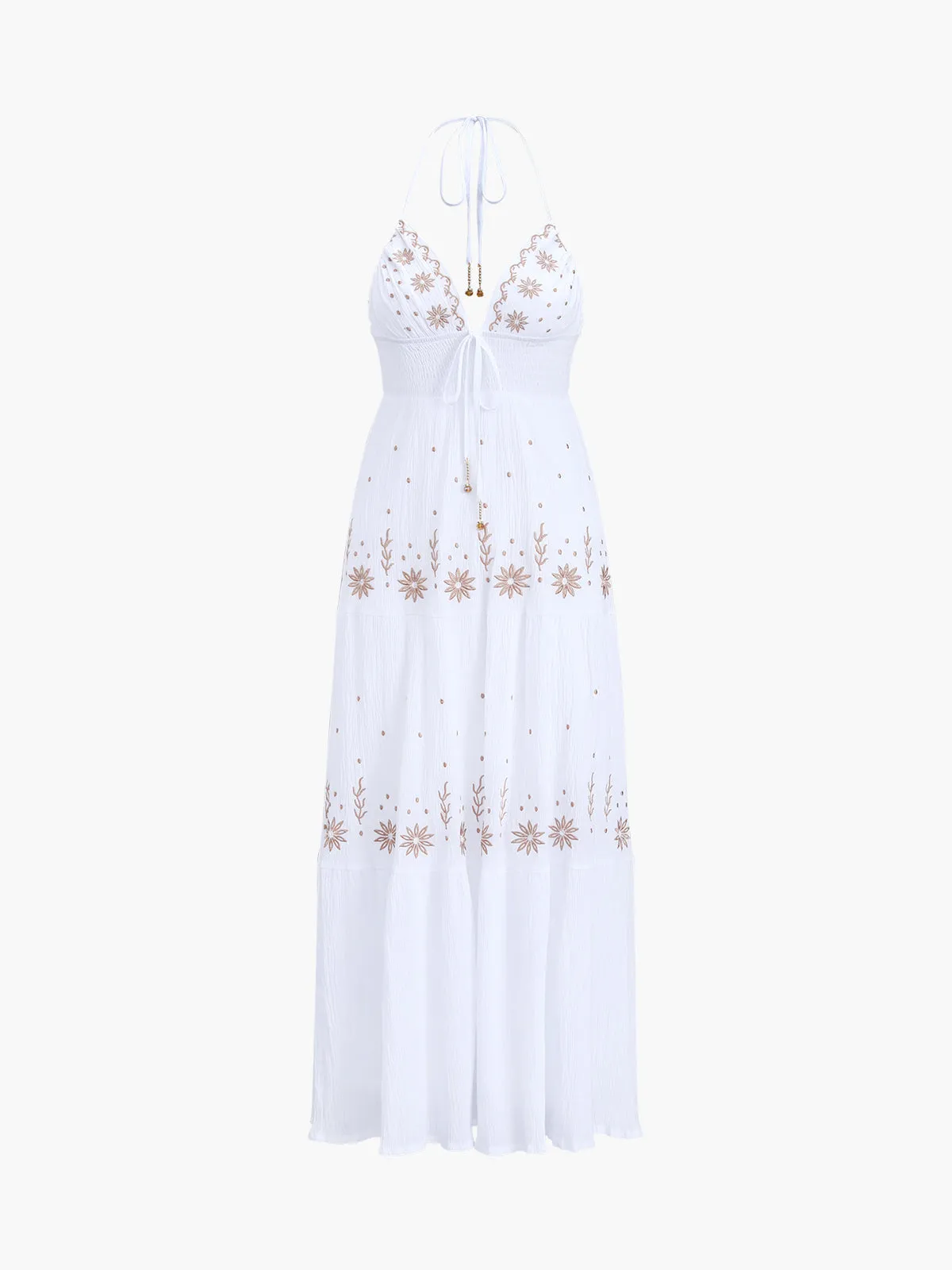 Embroidery Knotted Halter Long Dress sold by COMMENSE