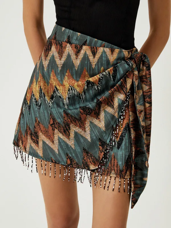 Print Tassel Hem Knotted Mini Skirt sold by COMMENSE