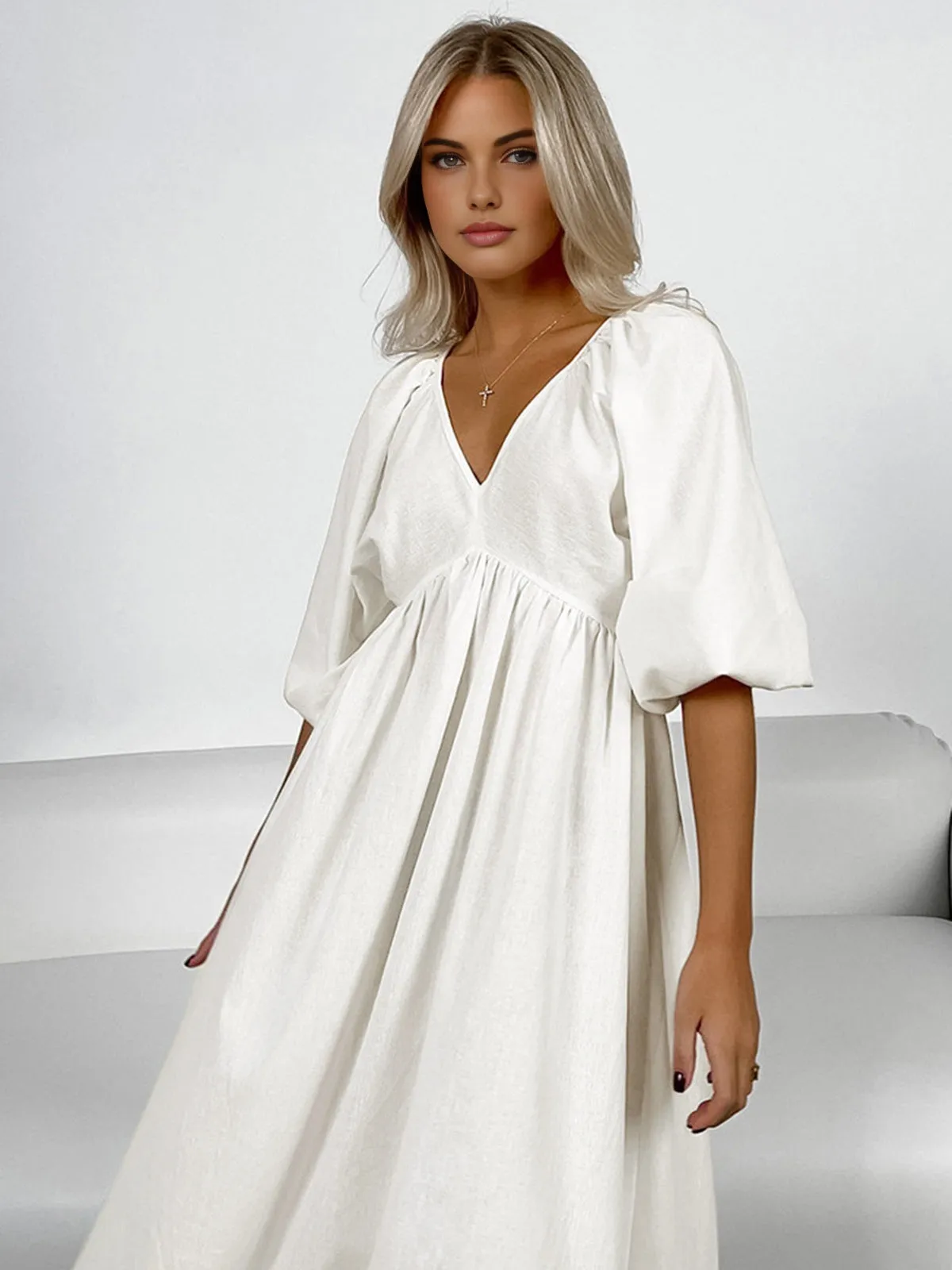 Oversized Puff Sleeve Knotted Midi Dress sold by COMMENSE product image thumbnail 4