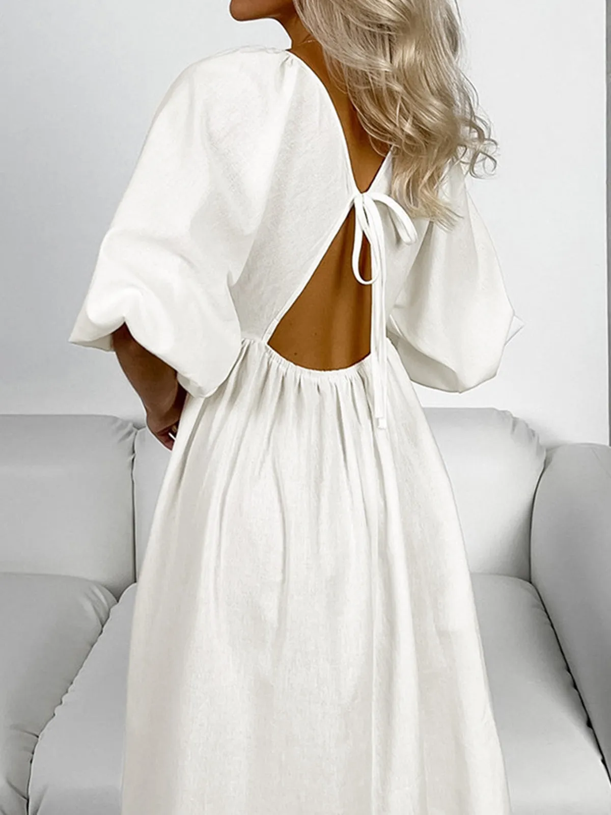 Oversized Puff Sleeve Knotted Midi Dress sold by COMMENSE