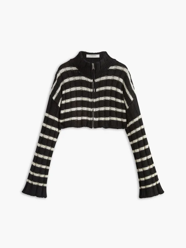 Striped Zipper Crop Cardigan sold by COMMENSE