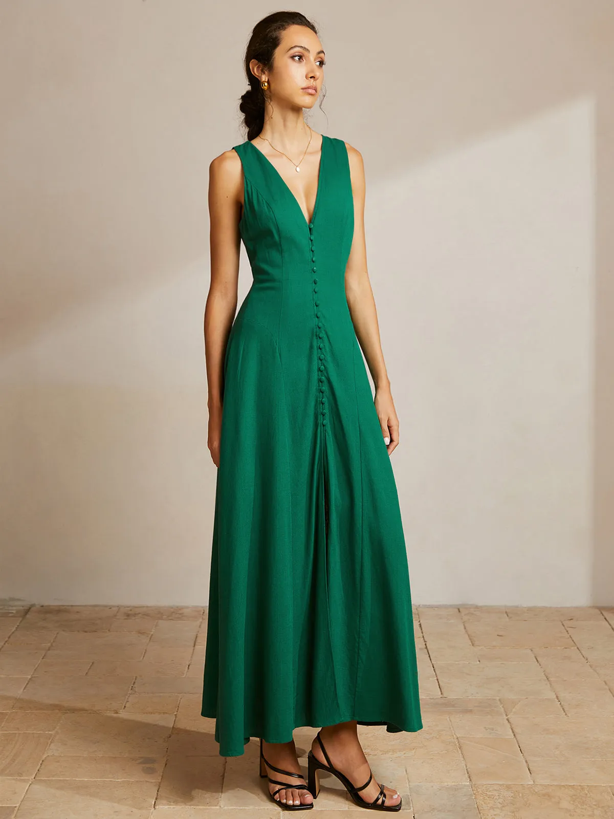 Sleeveless Button Front V-Neck Dress sold by COMMENSE