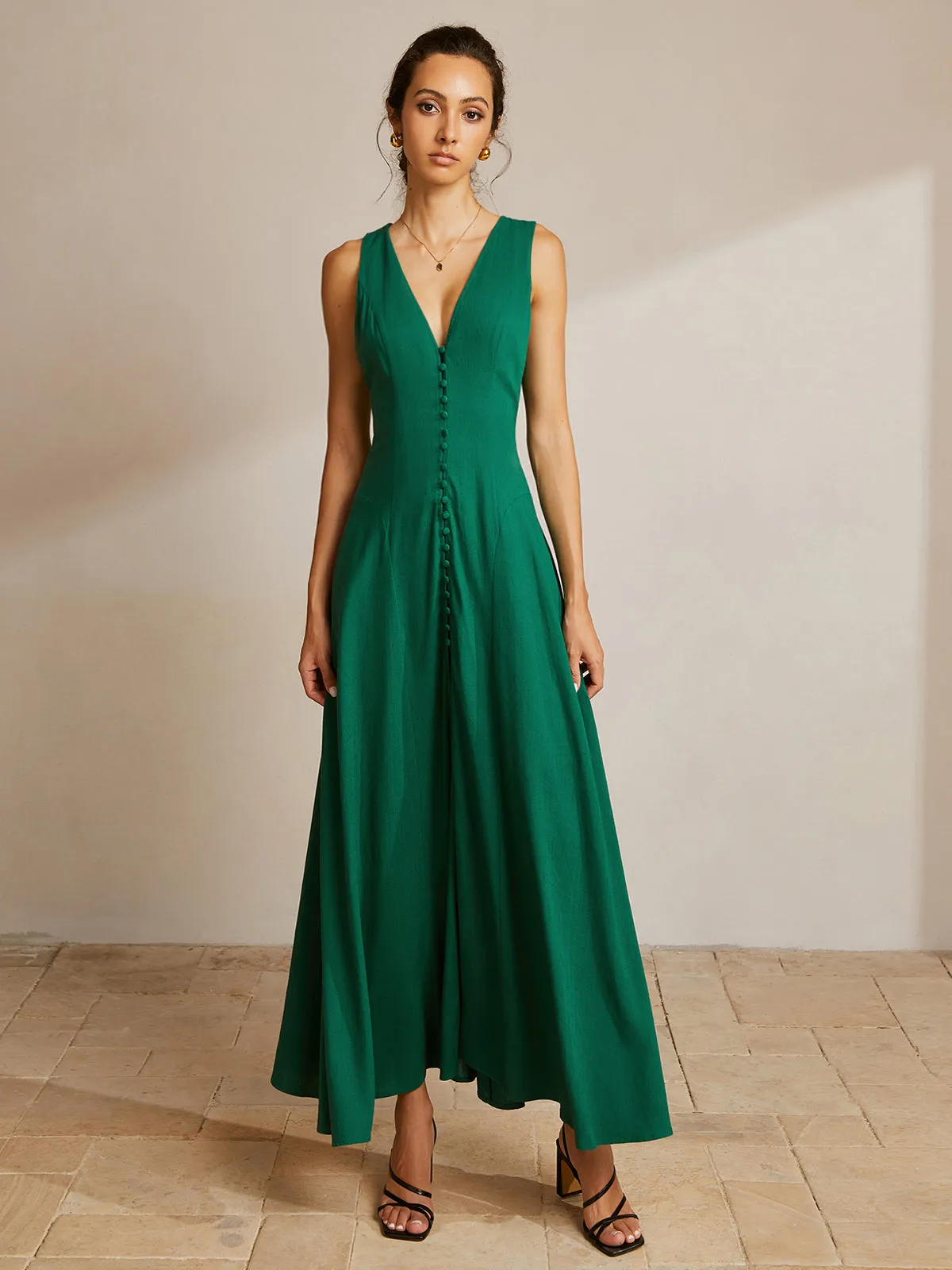 Sleeveless Button Front V-Neck Dress sold by COMMENSE product image thumbnail 2