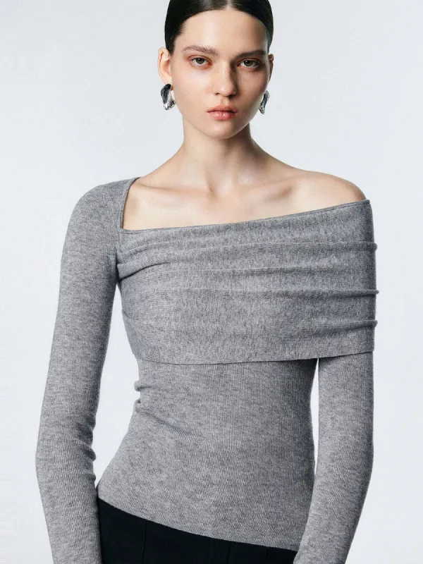 Wool-blend Asymmetric Shoulder Overfold Knit Top sold by COMMENSE