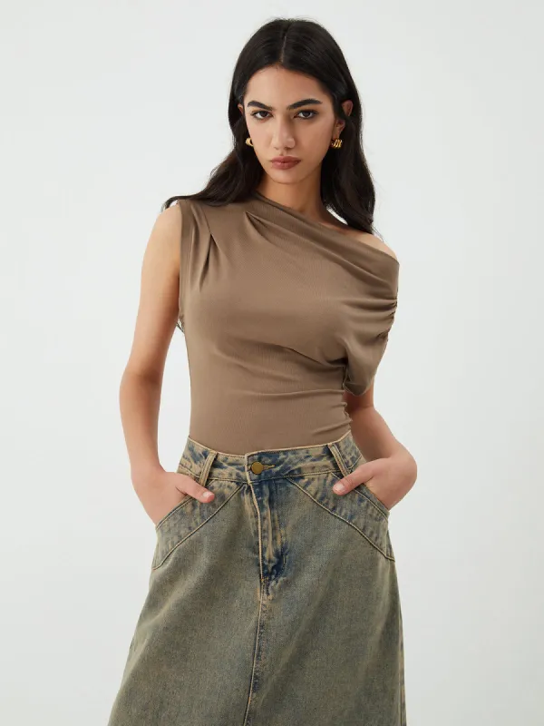 Asymmetric One Shoulder Pleated Top sold by COMMENSE