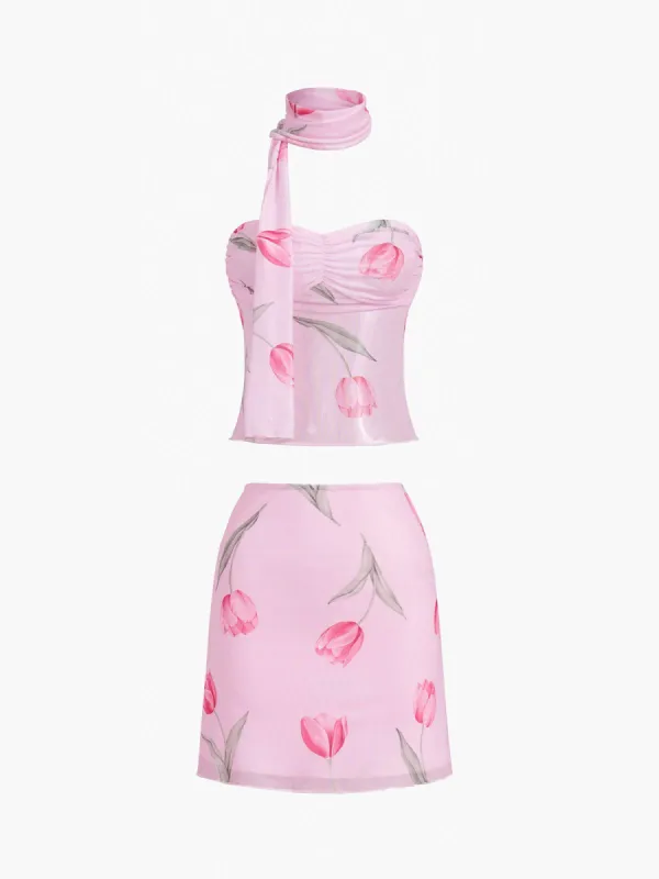 Floral Mesh Two Piece Skirt Set sold by COMMENSE
