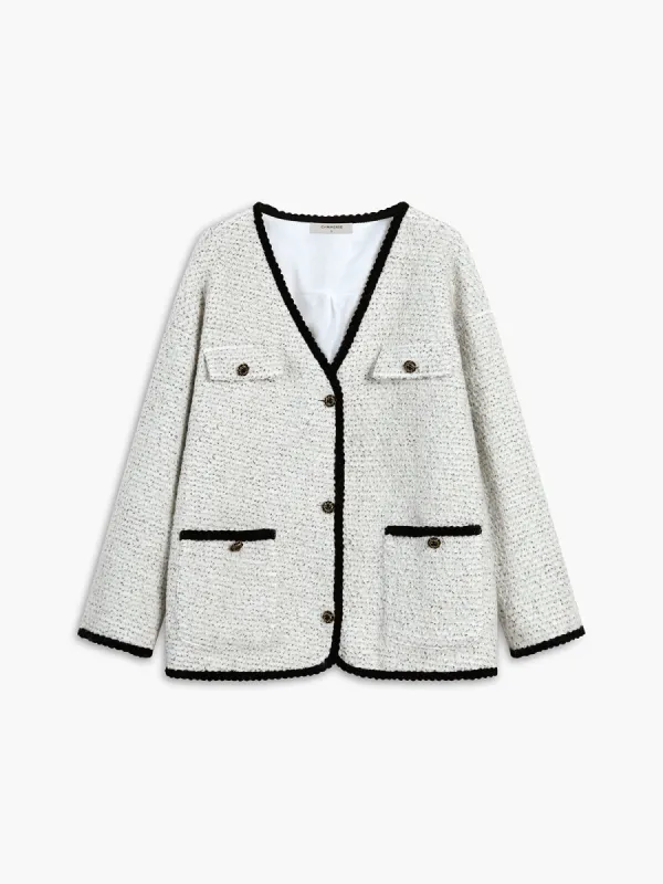 Contrast Trim Mixed Tweed Double Pockets Blazer sold by COMMENSE