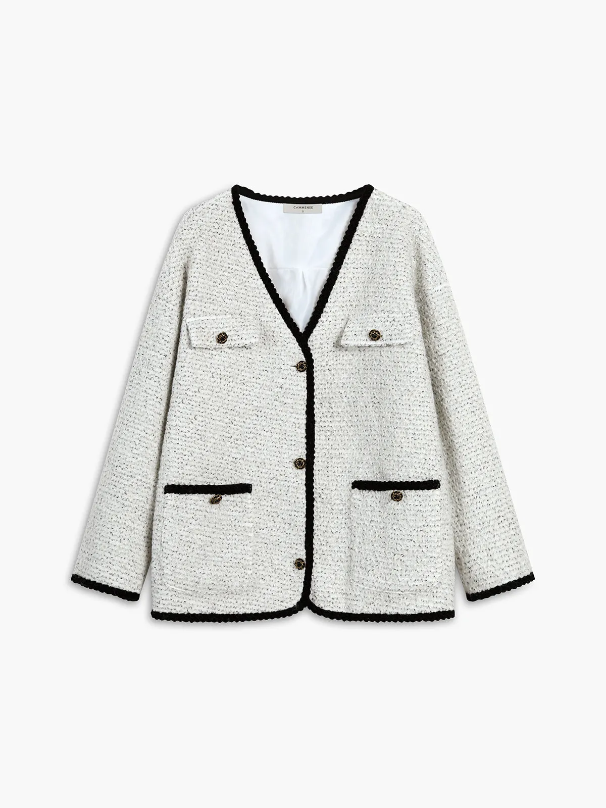 Contrast Trim Mixed Tweed Double Pockets Blazer sold by COMMENSE