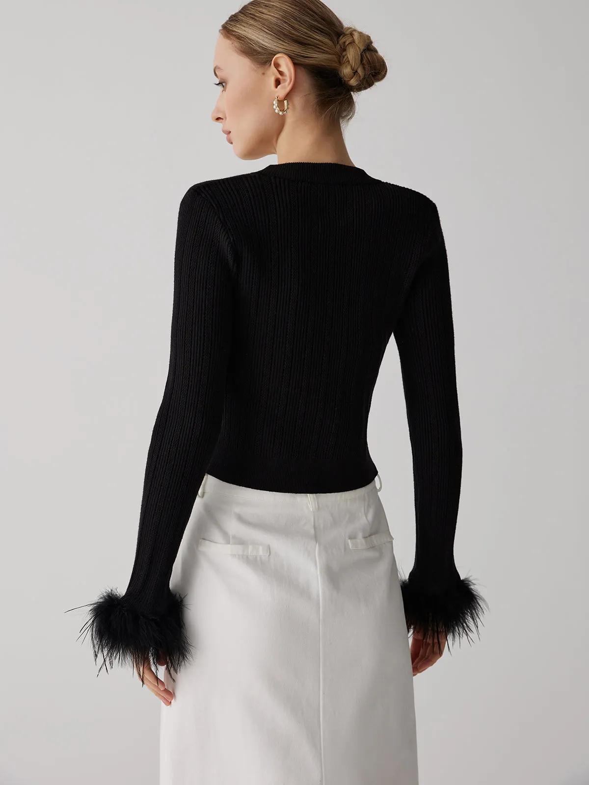 Feather Cuff Rib-Knit Metal Button Cardigan sold by COMMENSE product image thumbnail 5