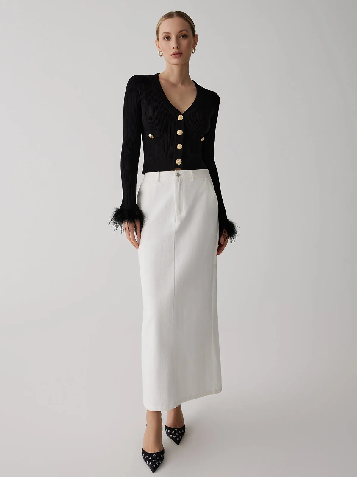 Feather Cuff Rib-Knit Metal Button Cardigan sold by COMMENSE product image thumbnail 2