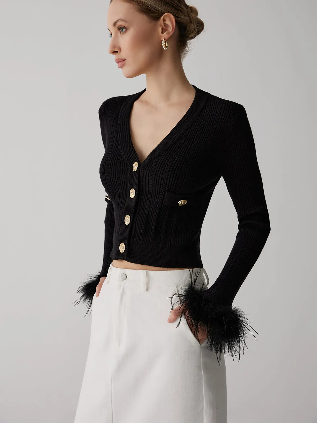 Feather Cuff Rib-Knit Metal Button Cardigan sold by COMMENSE product image thumbnail 3