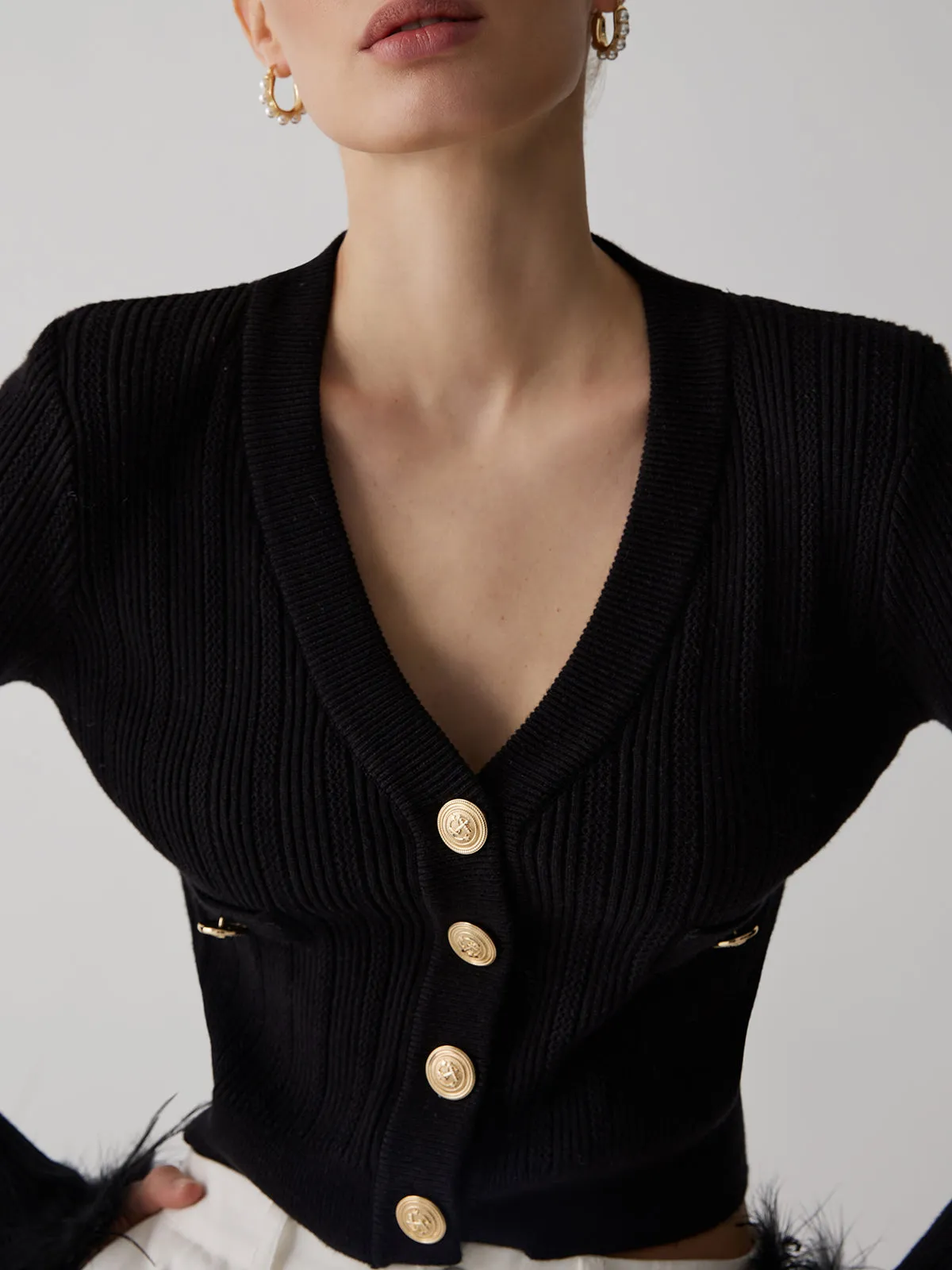 Feather Cuff Rib-Knit Metal Button Cardigan sold by COMMENSE product image thumbnail 4