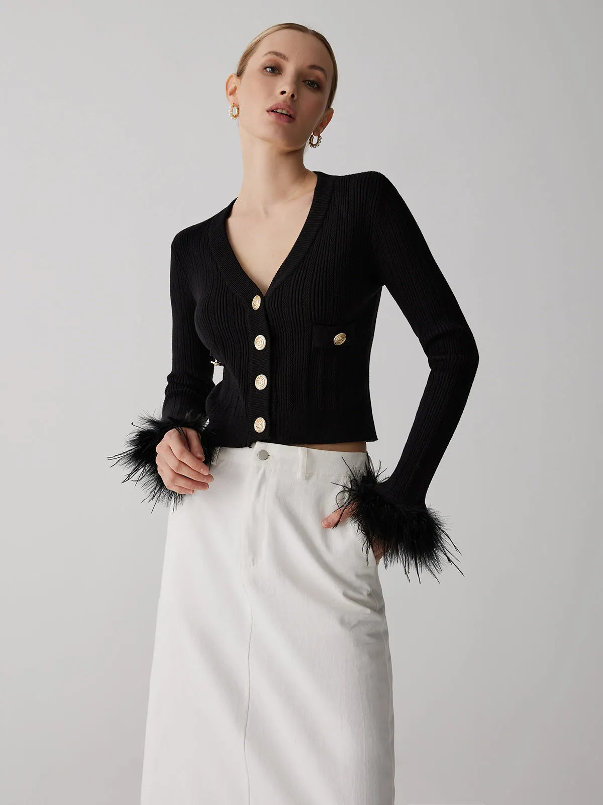 Feather Cuff Rib-Knit Metal Button Cardigan sold by COMMENSE