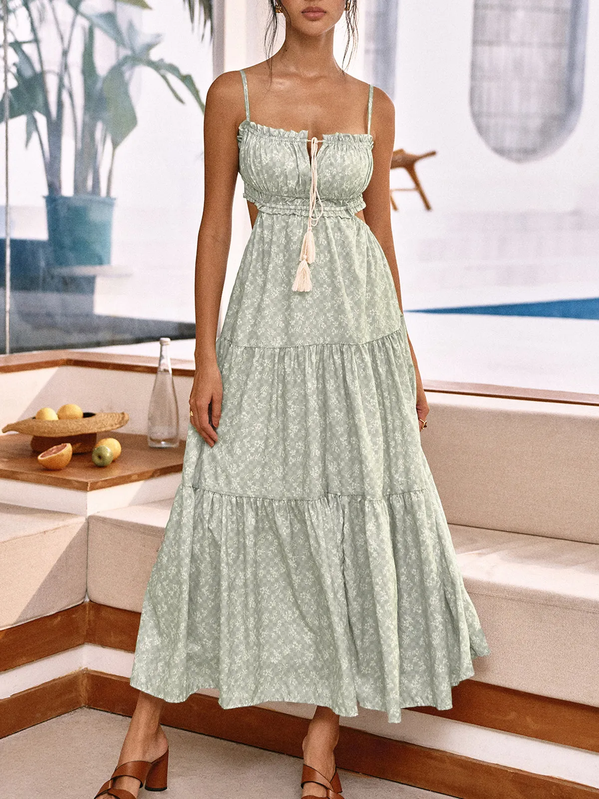 Boho Floral Backless Knotted Long Dress sold by COMMENSE