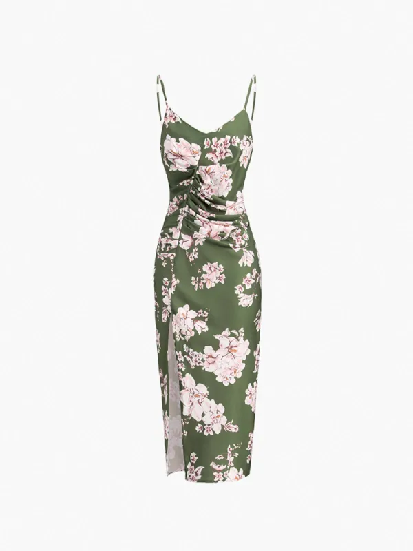 Floral Ruched Slit Midi Dress sold by COMMENSE