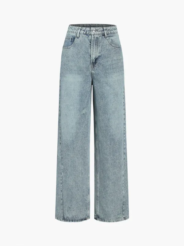 Faded Denim Distressed Detail Wide Leg Jeans made by COMMENSE