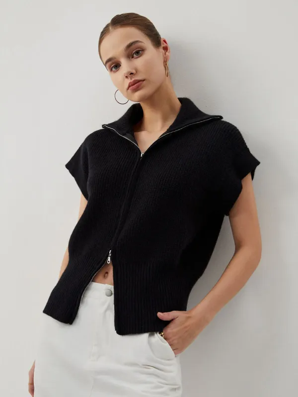 Solid Zip Up Collar Knit Cardigan sold by COMMENSE