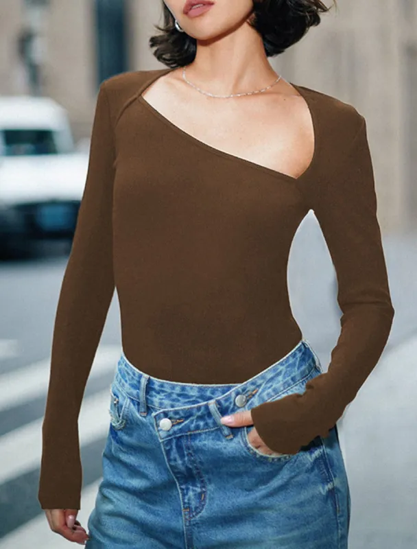 Solid Asymmetrical Neck Long Sleeve Knit Top sold by COMMENSE