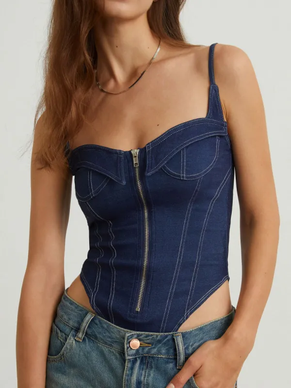 Zippered Corset Denim Bodysuit sold by COMMENSE