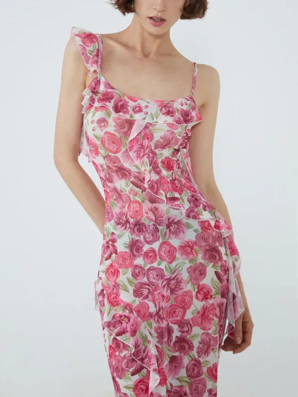 Asymmetrical Strap Floral Ruffle Long Dress sold by COMMENSE
