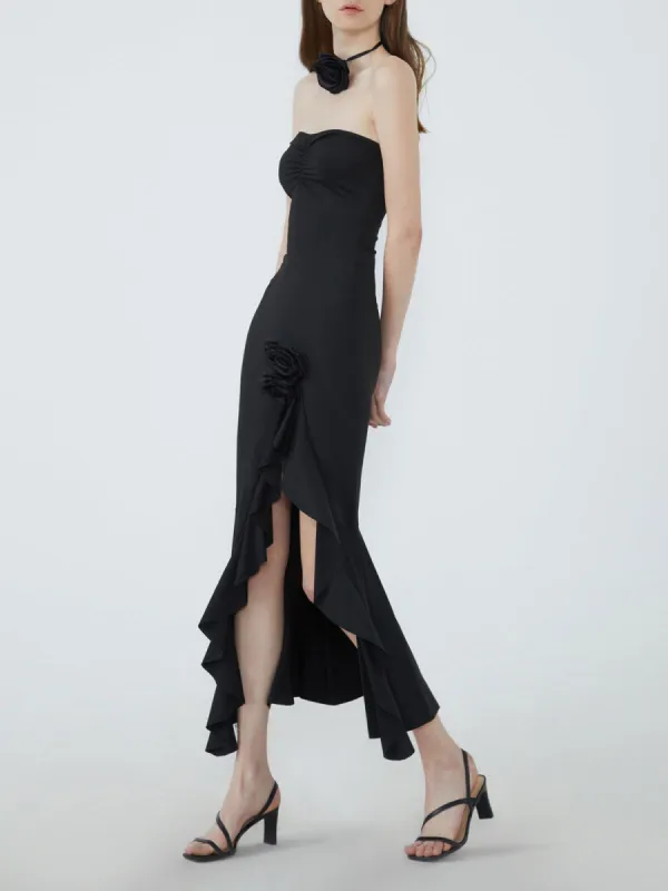 Rosette Ruffle Tube Long Dress sold by COMMENSE
