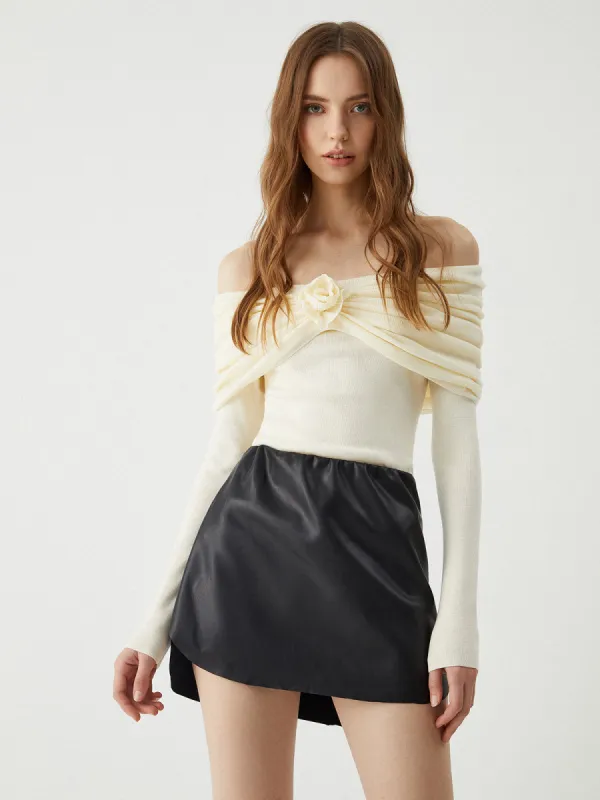 Floral Detail Overfold Off-Shoulder Knit Top sold by COMMENSE