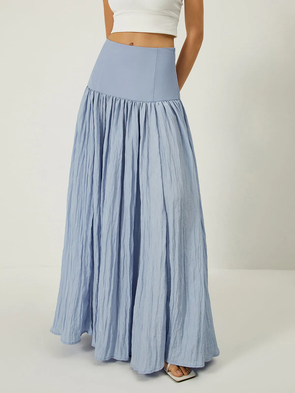 Solid High-Waisted Ruffle Pleated Maxi Skirt sold by COMMENSE product image thumbnail 4