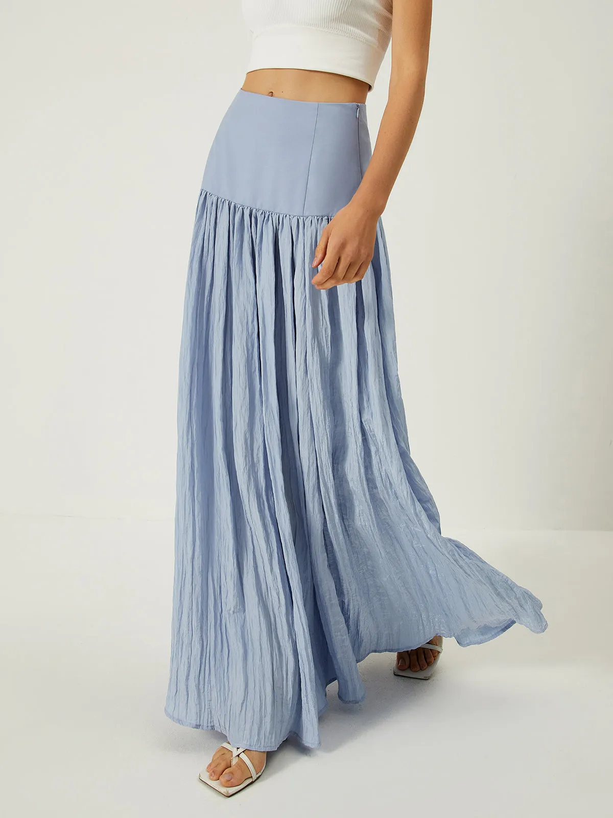 Solid High-Waisted Ruffle Pleated Maxi Skirt sold by COMMENSE