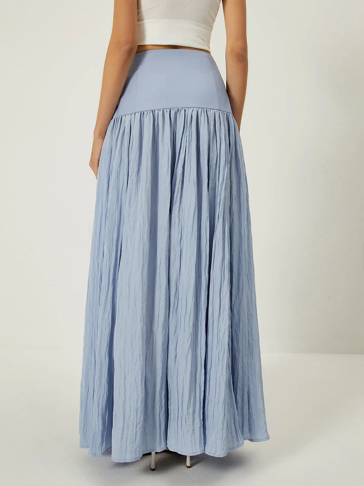 Solid High-Waisted Ruffle Pleated Maxi Skirt sold by COMMENSE product image thumbnail 5