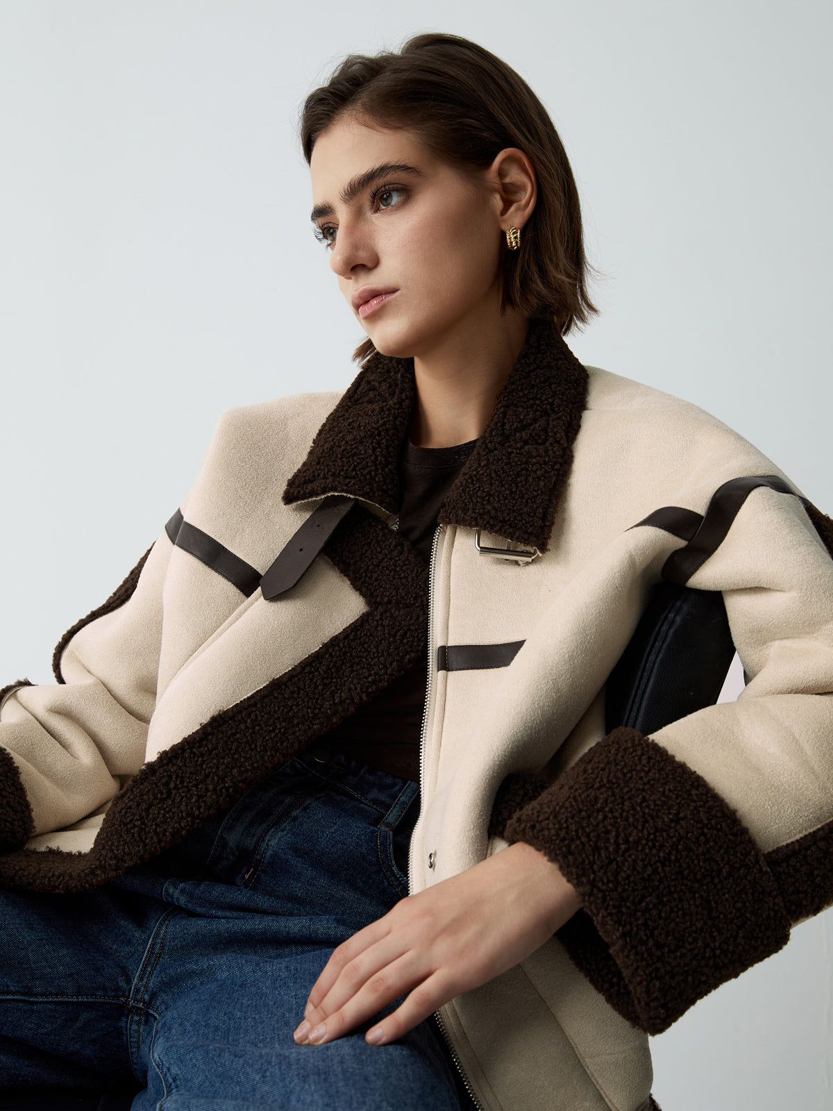 Fleece Faux Leather Aviator Jacket sold by COMMENSE product image thumbnail 2