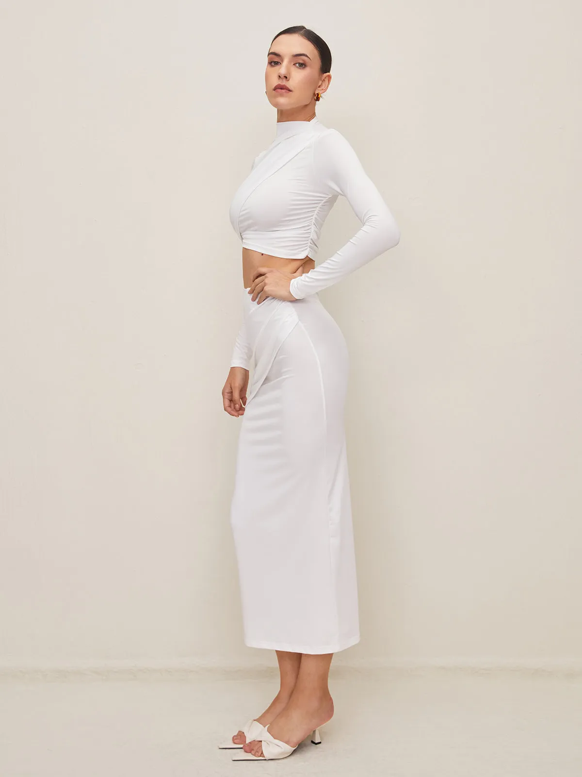 Solid Long Sleeve Open Navel Skirt Set sold by COMMENSE product image thumbnail 4