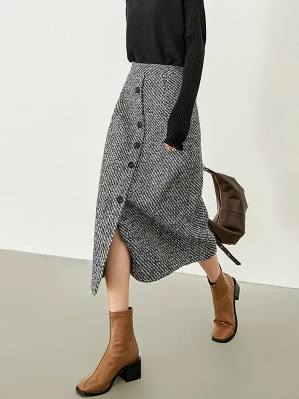 Button Down Tweed Boucle Maxi Skirt sold by COMMENSE