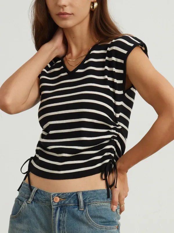 Cap Sleeve Stripe Drawstring Top sold by COMMENSE