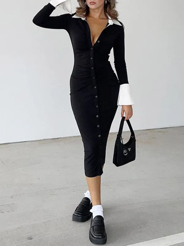 Contrast Trim Collared Midi Dress sold by COMMENSE