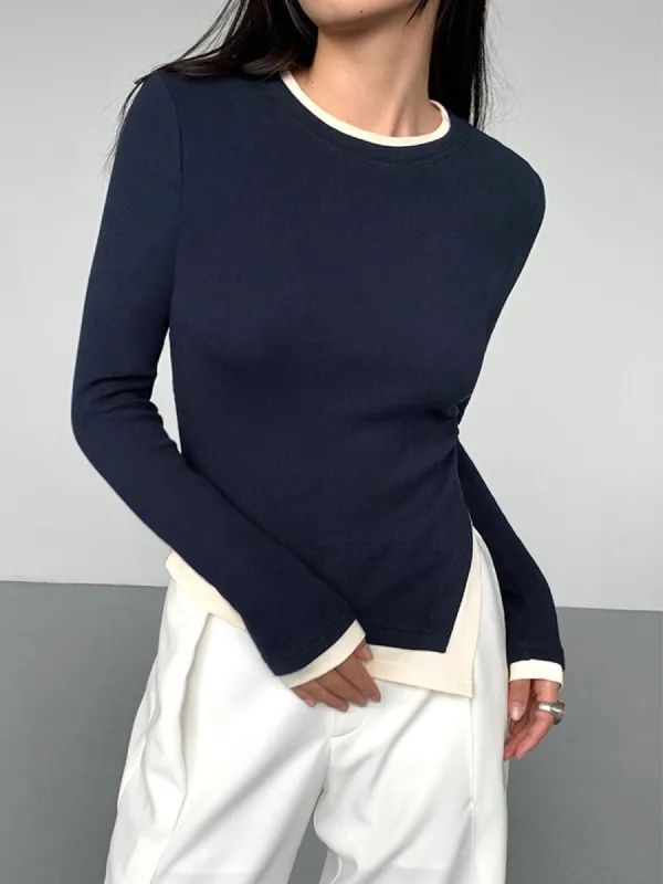 Asymmetric Layered Contrast Trim Split Shirt sold by COMMENSE