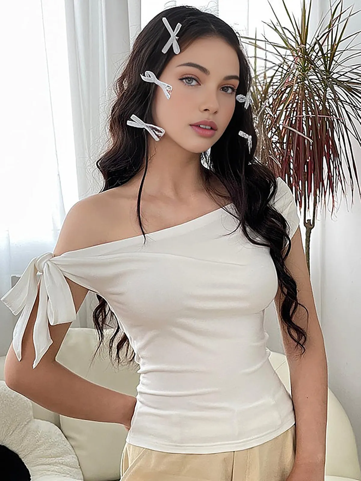 Asymmetrical Off Shoulder Bow T-Shirt sold by COMMENSE product image thumbnail 2