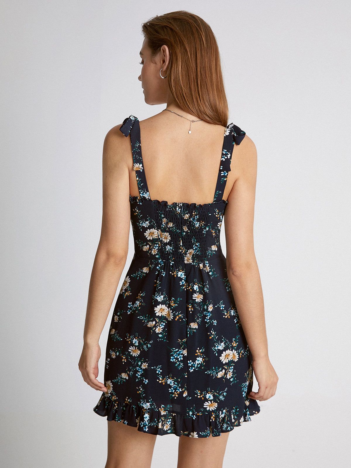 Sweetheart Tie Strap Dark Daisy Ruffle Mini Dress sold by COMMENSE product image thumbnail 5