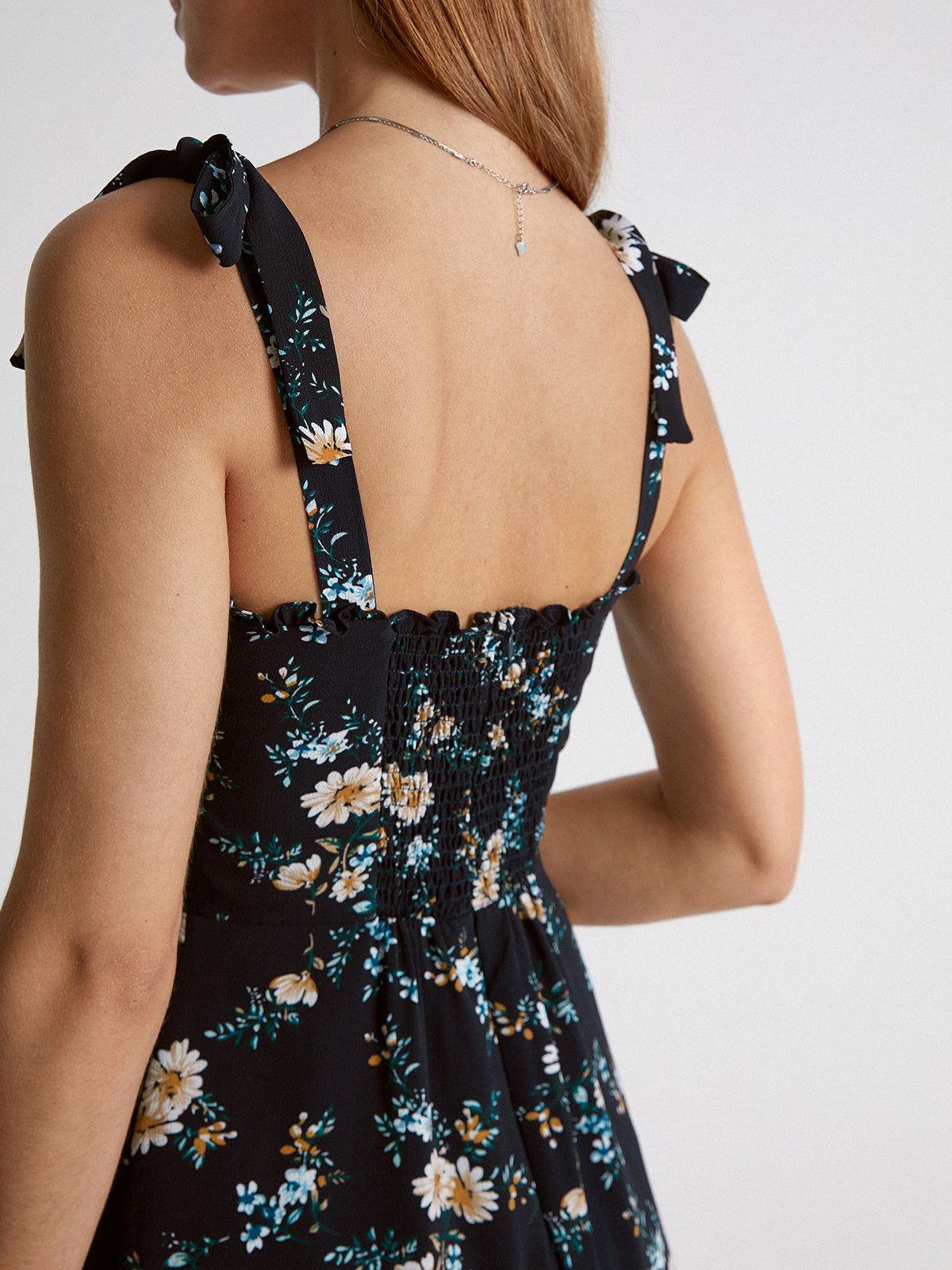 Sweetheart Tie Strap Dark Daisy Ruffle Mini Dress sold by COMMENSE product image thumbnail 6