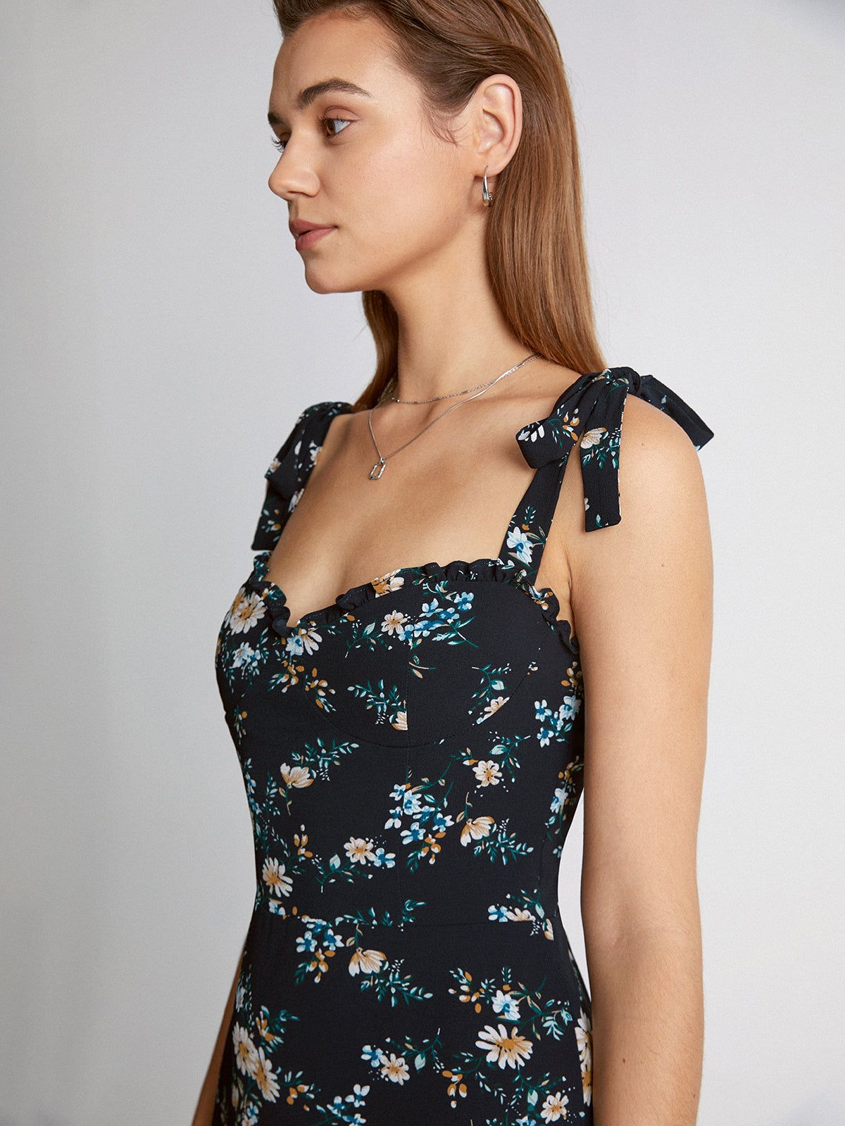 Sweetheart Tie Strap Dark Daisy Ruffle Mini Dress sold by COMMENSE product image thumbnail 4