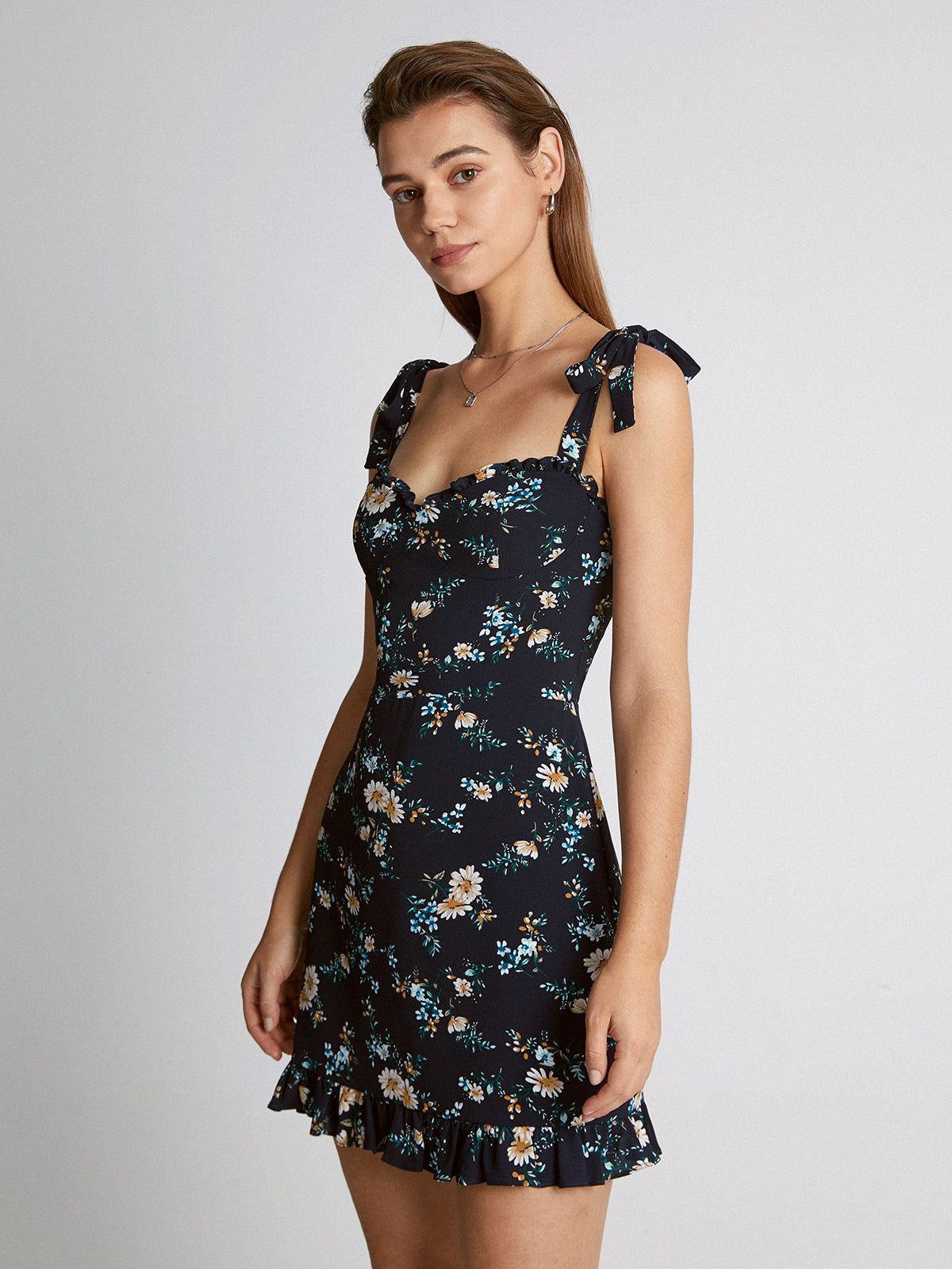 Sweetheart Tie Strap Dark Daisy Ruffle Mini Dress sold by COMMENSE