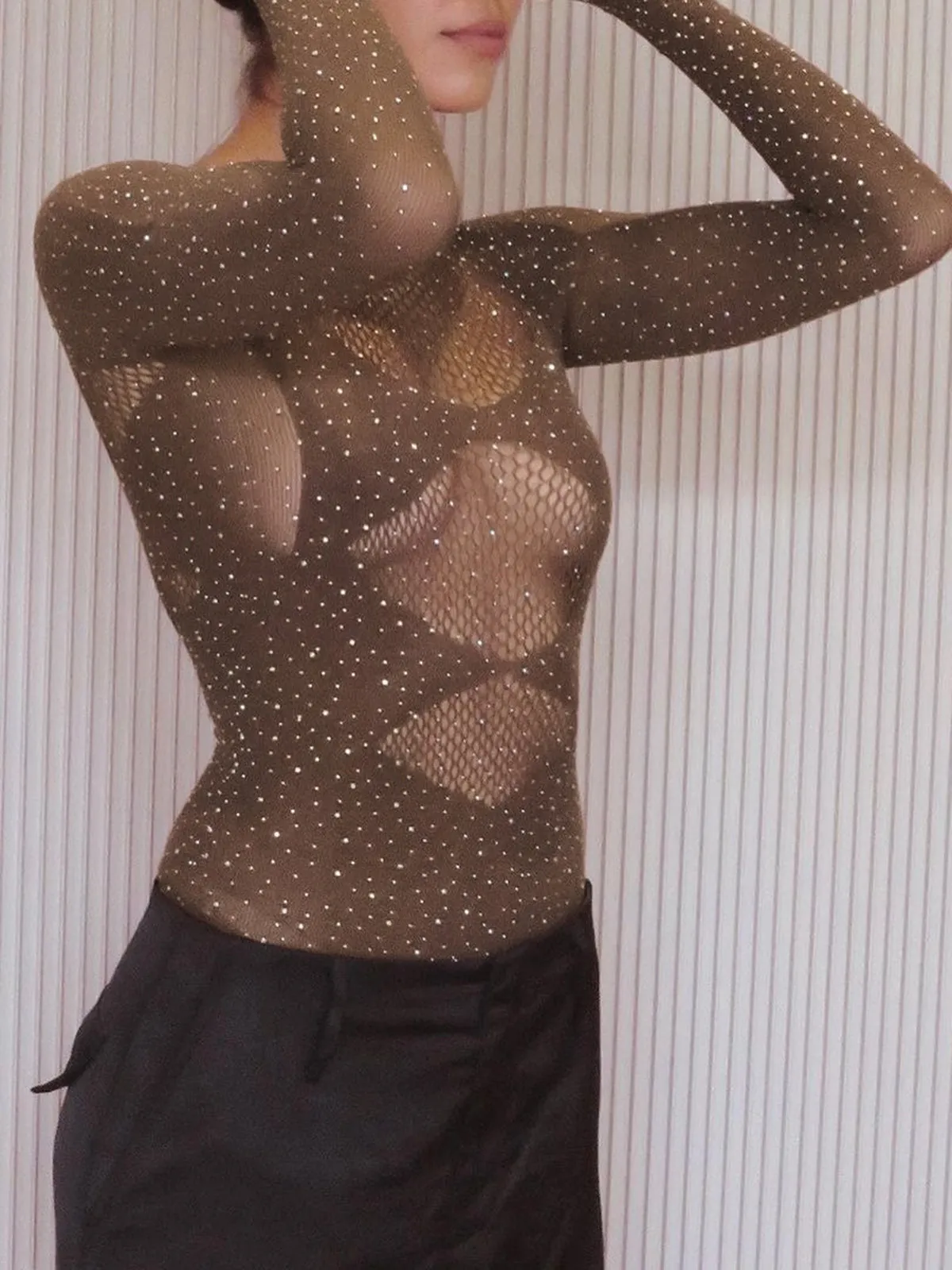 Shinny Rhinestones Sheer Cutout Bodysuit sold by COMMENSE product image thumbnail 5
