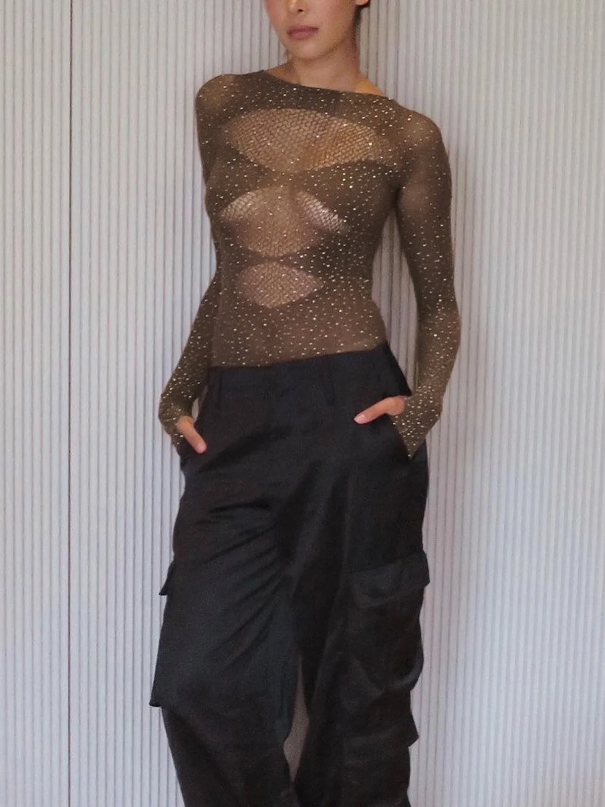 Shinny Rhinestones Sheer Cutout Bodysuit sold by COMMENSE product image thumbnail 3