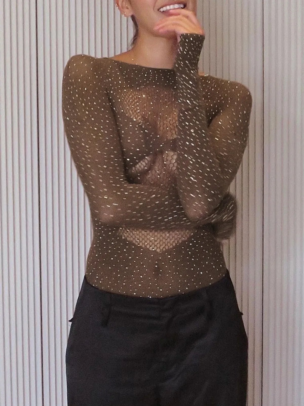 Shinny Rhinestones Sheer Cutout Bodysuit sold by COMMENSE product image thumbnail 4