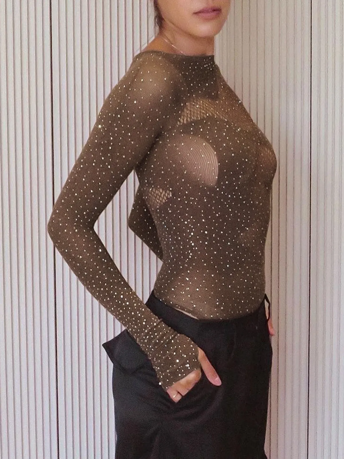 Shinny Rhinestones Sheer Cutout Bodysuit sold by COMMENSE