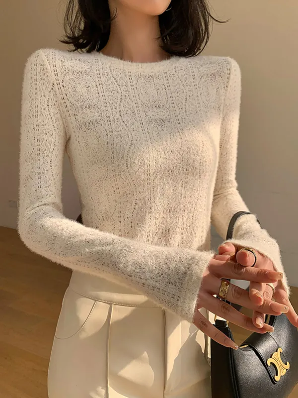 Floral Hollow Knit Crew Neck Long Sleeve Top sold by COMMENSE