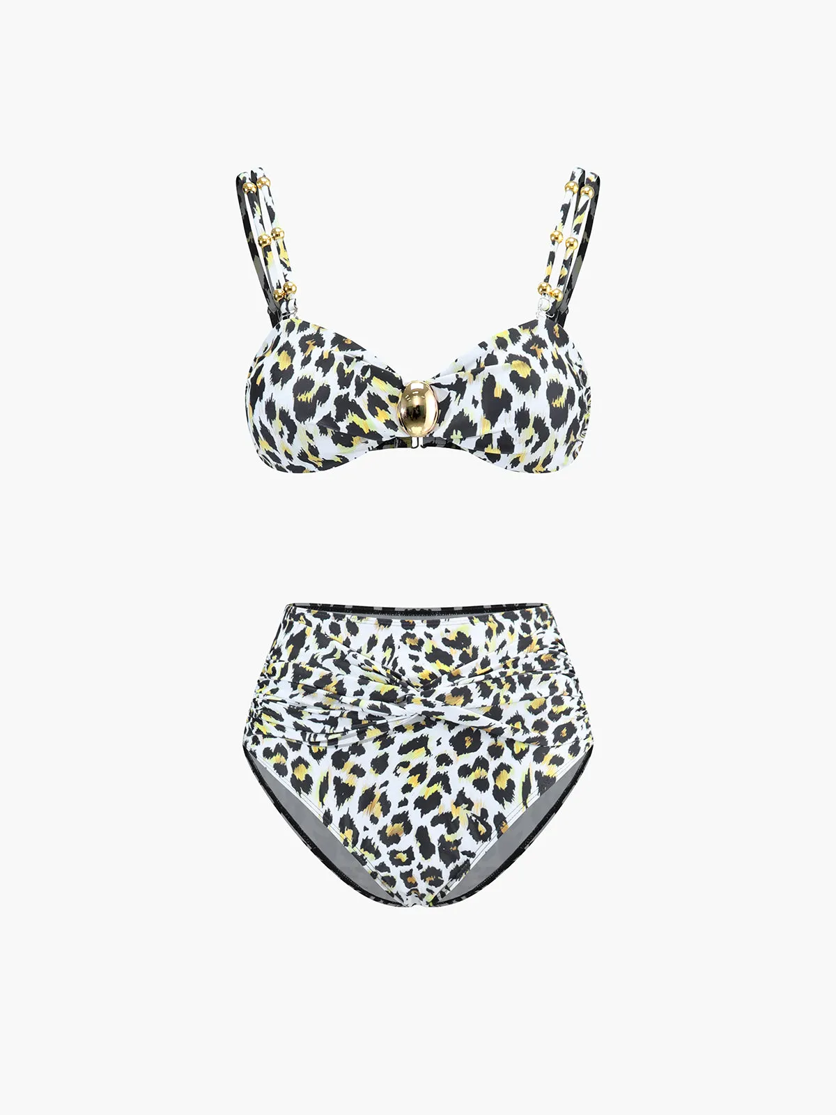 Leopard Print Twist Front High Waist Bikini Set sold by COMMENSE