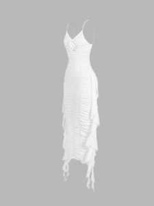Rosette Ruffle Ruched Long Dress sold by COMMENSE