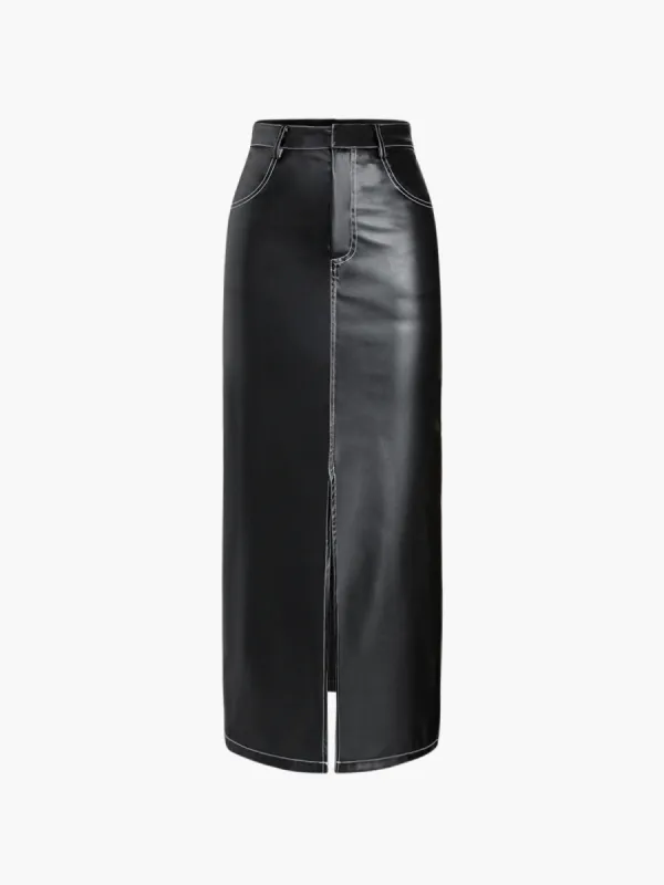 Faux Leather Double Pockets Maxi Skirt sold by COMMENSE