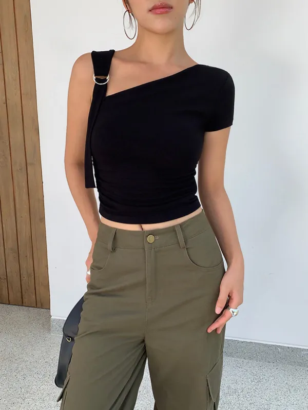 Asymmetrical One Shoulder Off Top sold by COMMENSE