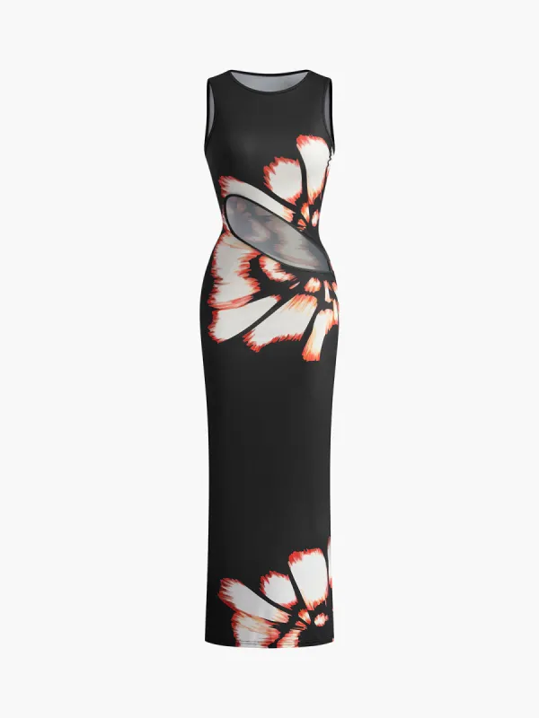 Floral Print Cutout Split Long Dress sold by COMMENSE